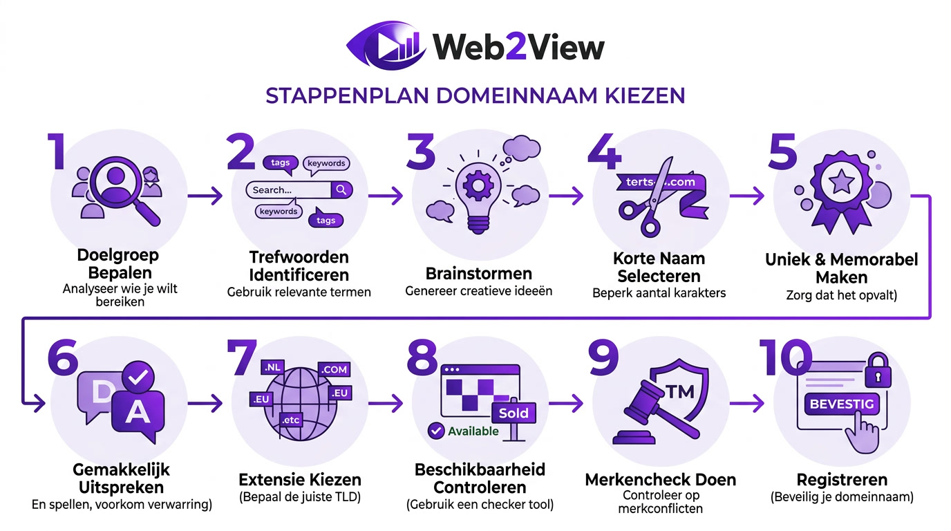overzicht van een stappenplan voor een domeinnaam kiezen van brainstorm tot registratie