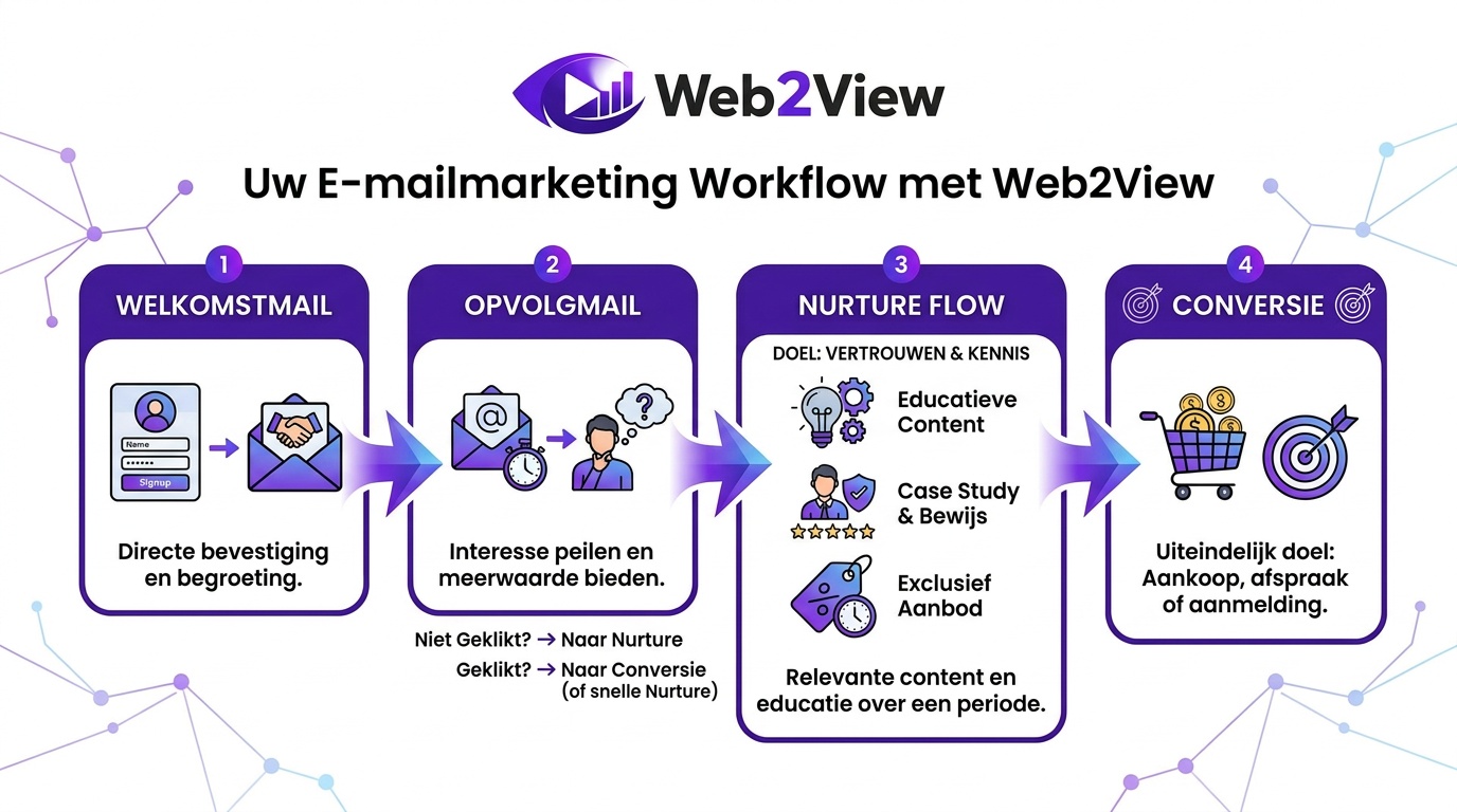 voorbeeld van een e mailmarketing workflow met welkomstmail nurture flow en conversie