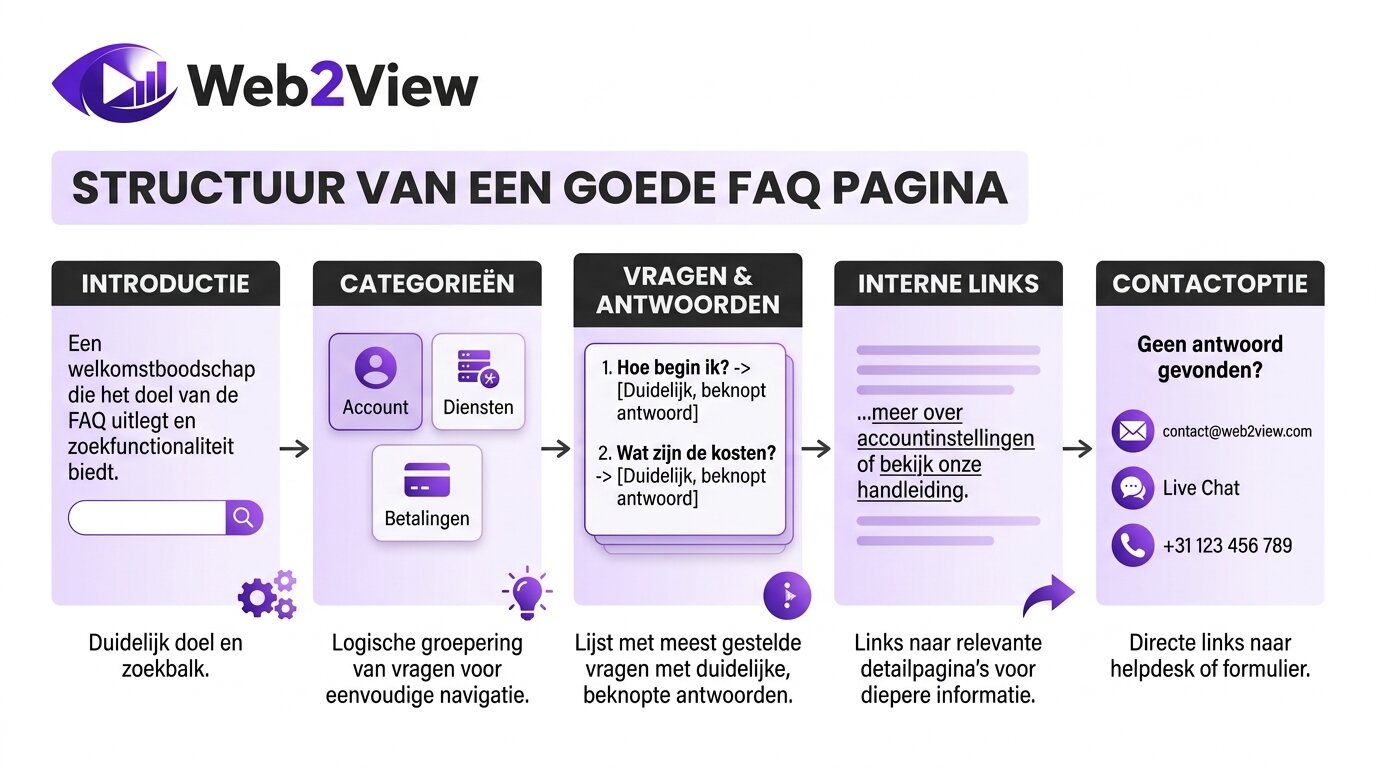 overzicht van de opbouw van een goede faq pagina met categorieen vragen antwoorden en contactoptie