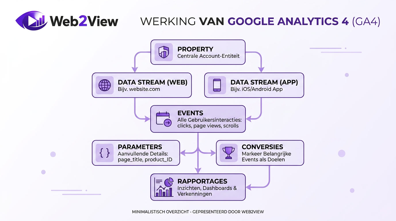 schema van Google Analytics 4 met property data stream events parameters conversies en rapportages