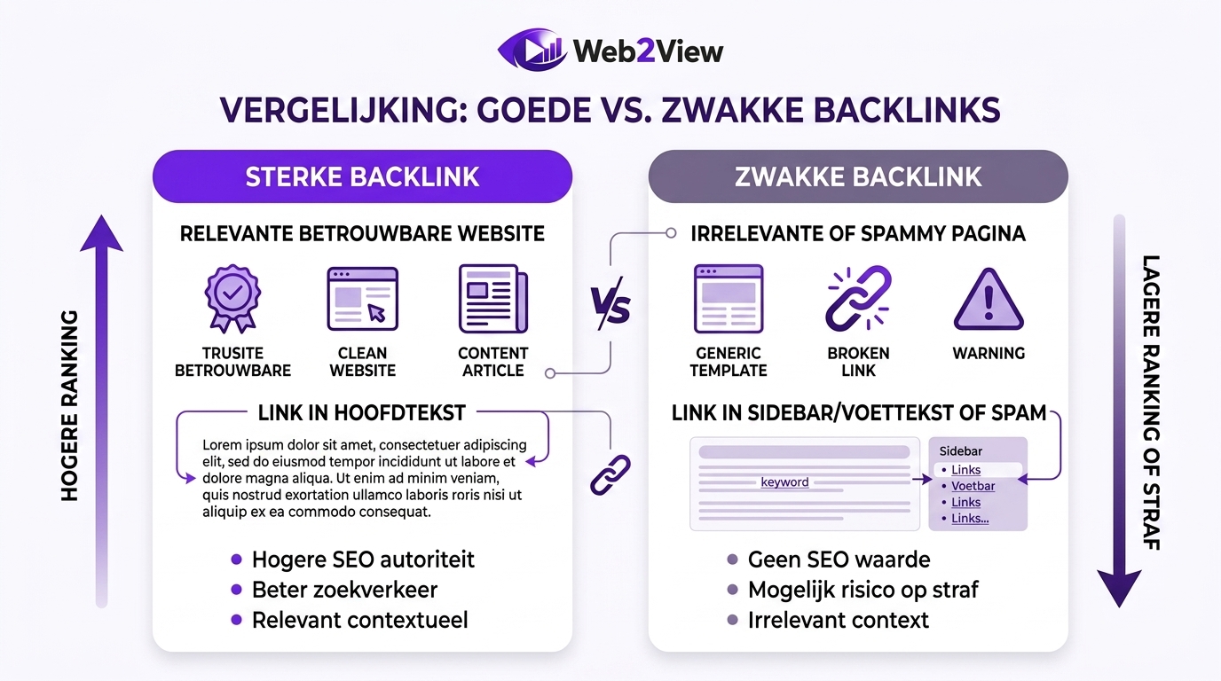 vergelijking tussen goede backlinks en zwakke backlinks met relevantie betrouwbaarheid en plaatsing