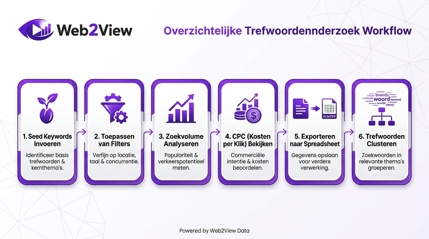 infographic van een keyword research workflow met zoekvolume cpc en clustering