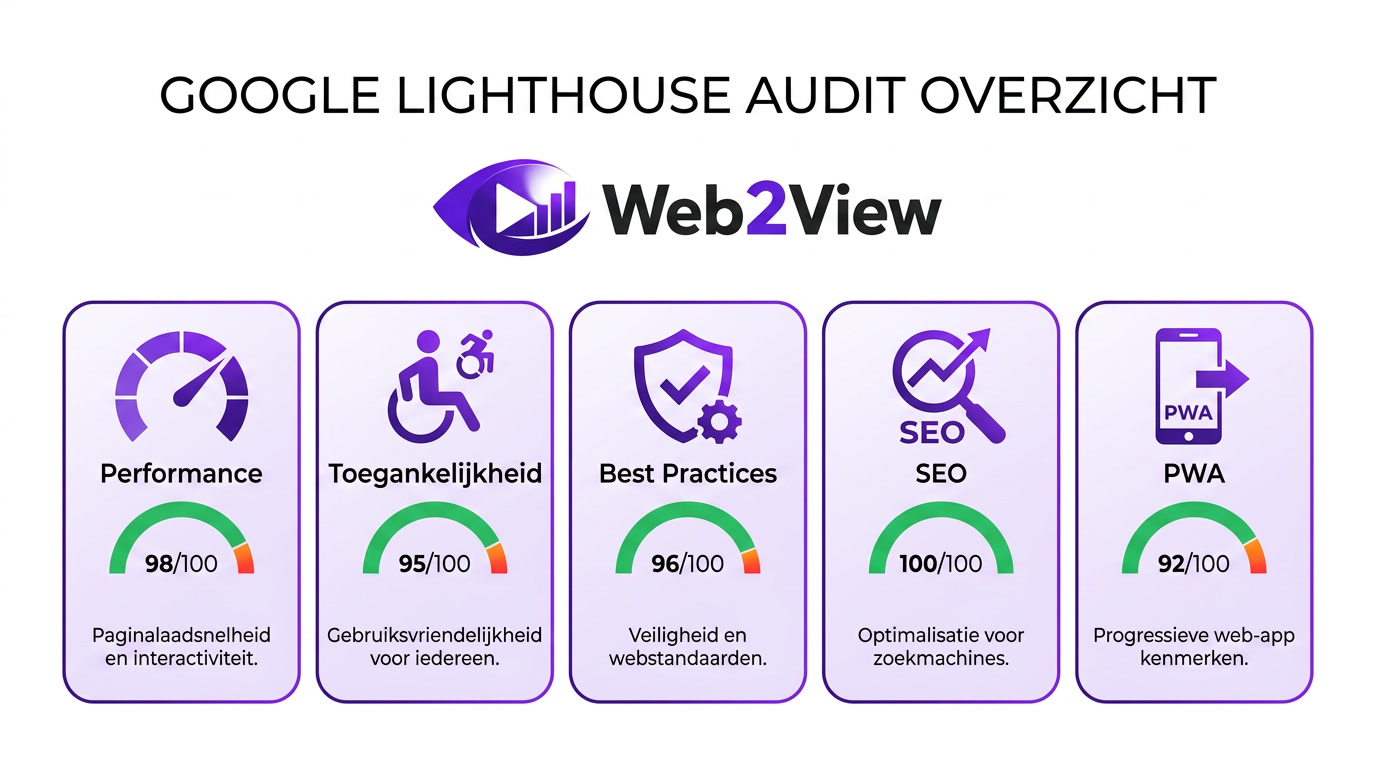overzicht van de onderdelen van een Google Lighthouse audit zoals performance accessibility best practices seo en pwa