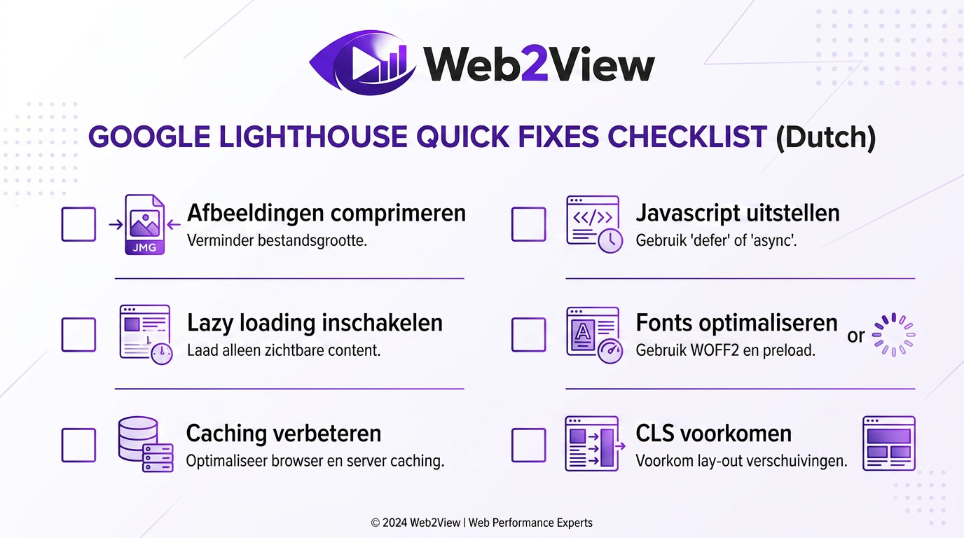 checklist met quick fixes voor Google Lighthouse zoals afbeeldingen caching javascript en fonts optimaliseren