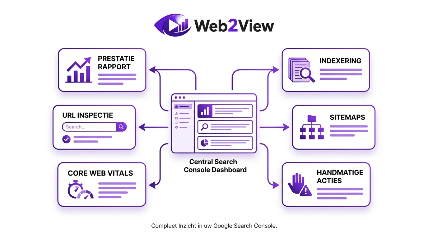 overzicht van de belangrijkste onderdelen van Google Search Console zoals performance indexering en url inspectie