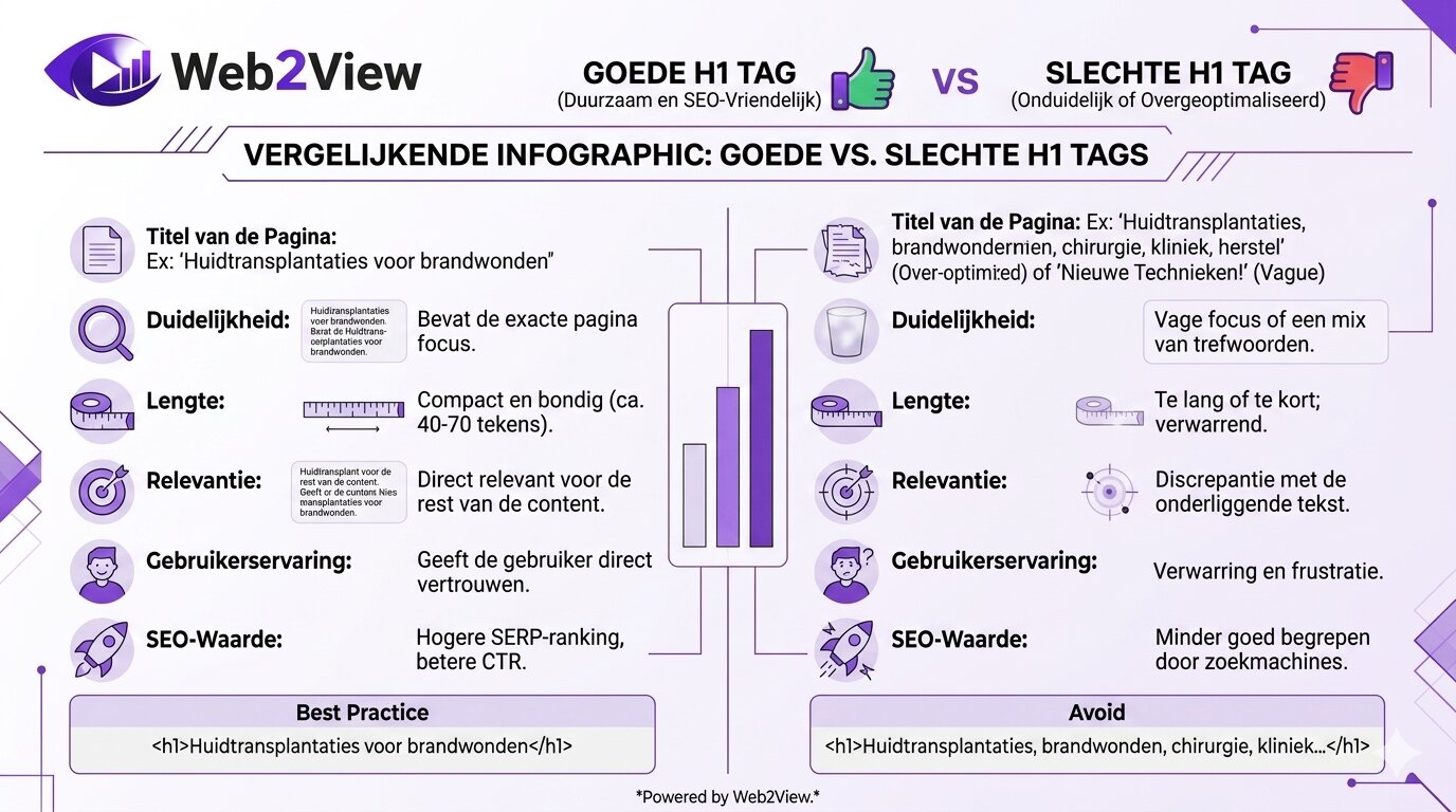 vergelijking tussen goede en slechte h1 tag voorbeelden op webpagina