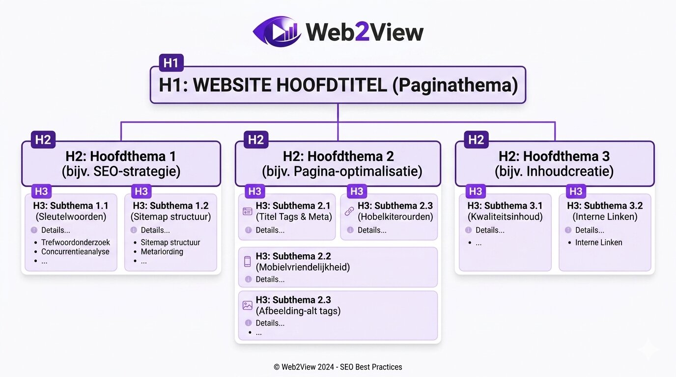 schema van heading hiërarchie met h1, h2 en h3 op een webpagina