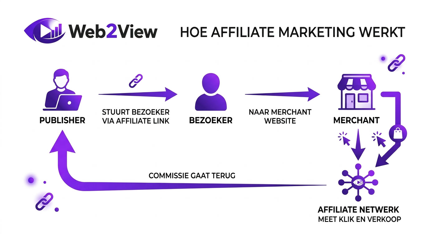 schema van affiliate marketing met publisher merchant affiliate netwerk en commissie