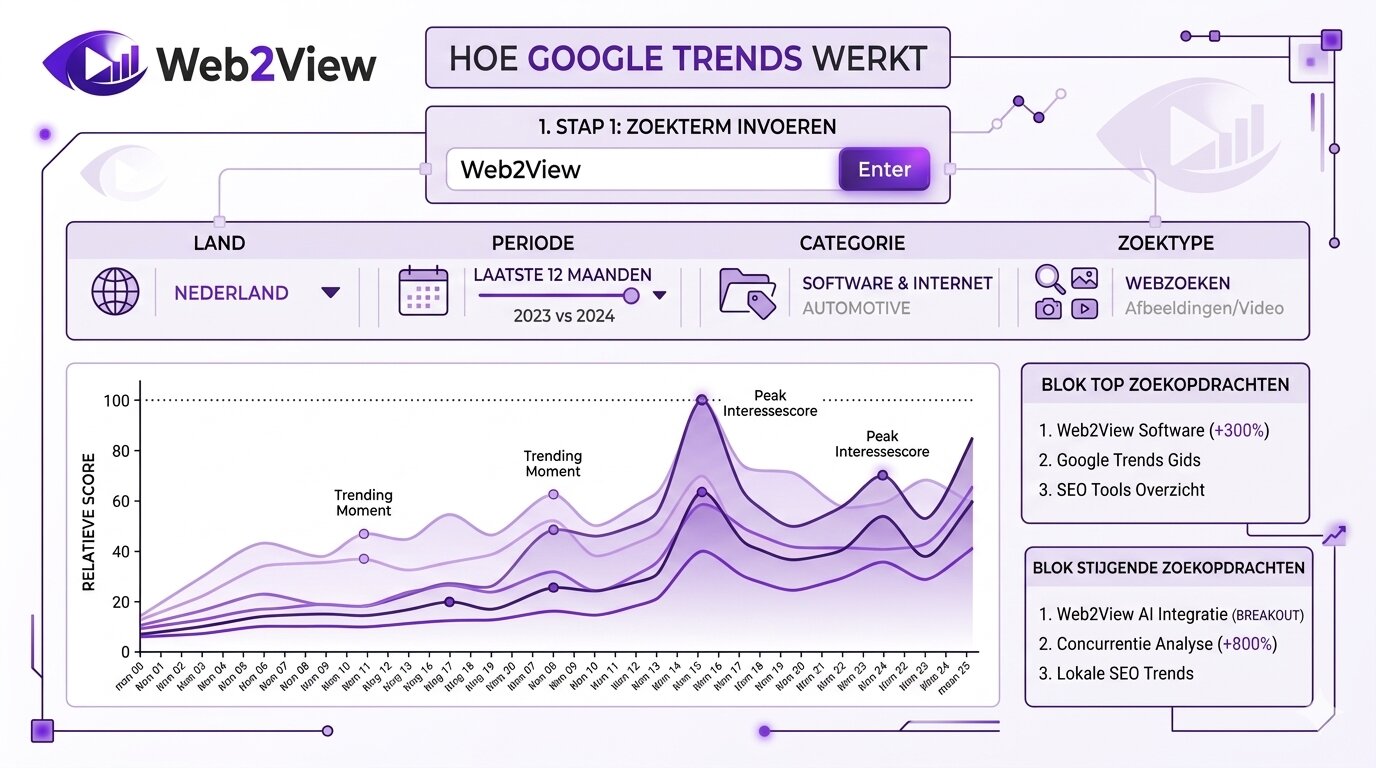 infographic van Google Trends met zoekterm filters grafiek en gerelateerde zoekopdrachten