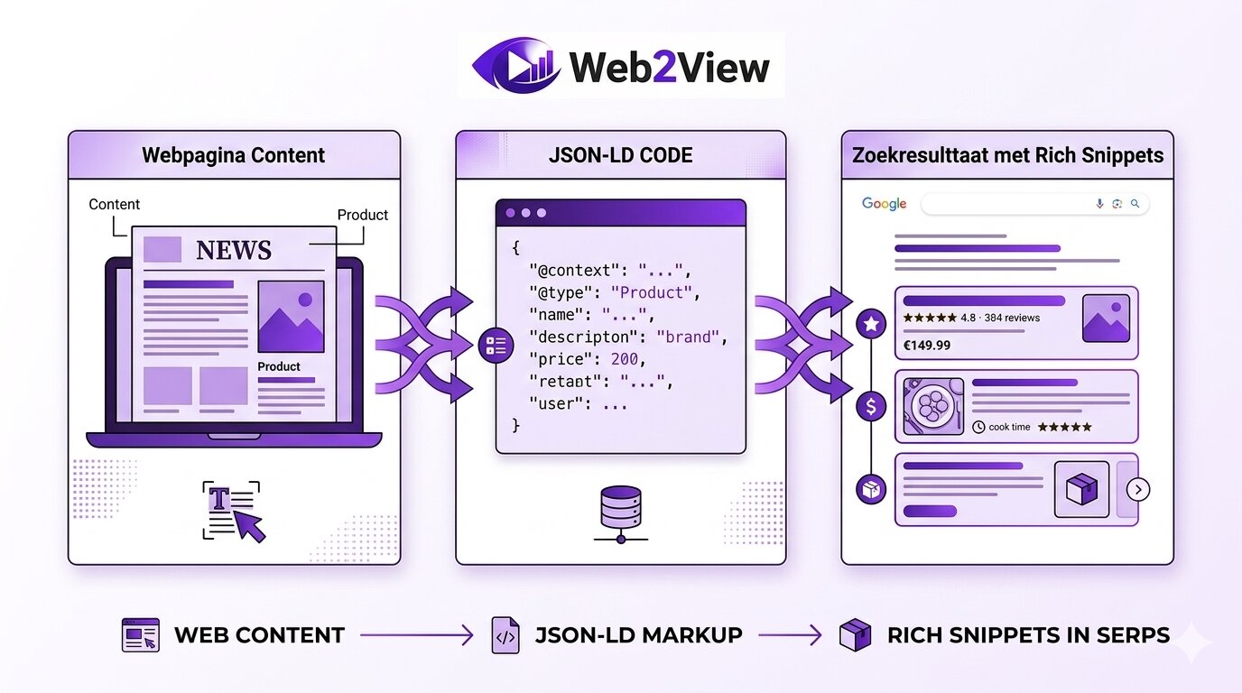 infographic van schema markup met webpagina json ld code en rich snippet in zoekresultaten