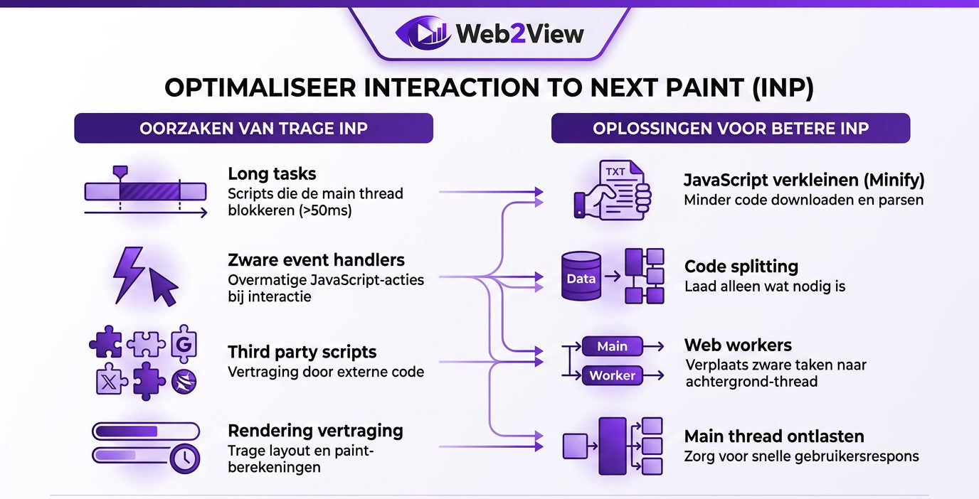 overzicht van oorzaken en oplossingen voor interaction to next paint zoals long tasks javascript en third party scripts