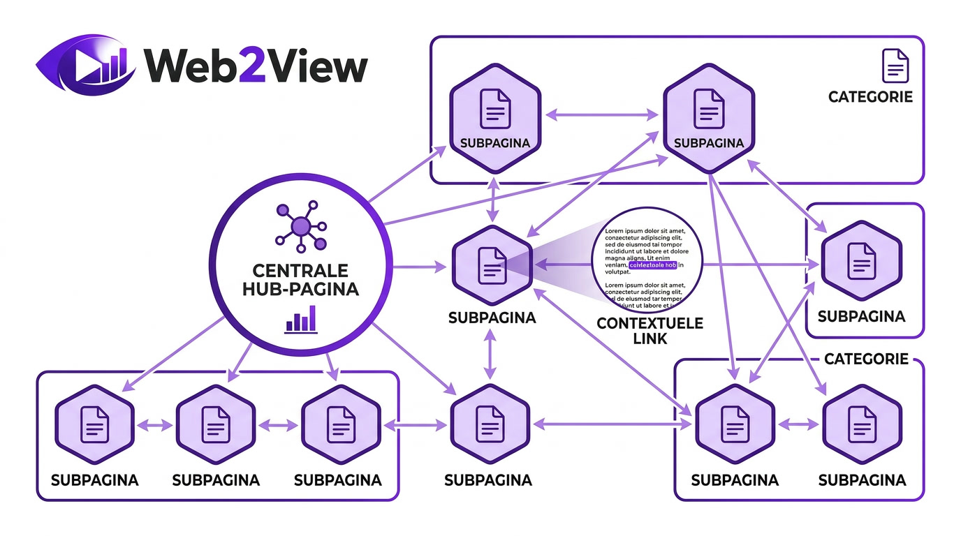 overzicht van een interne linkstructuur met hubpagina en subpagina’s voor seo