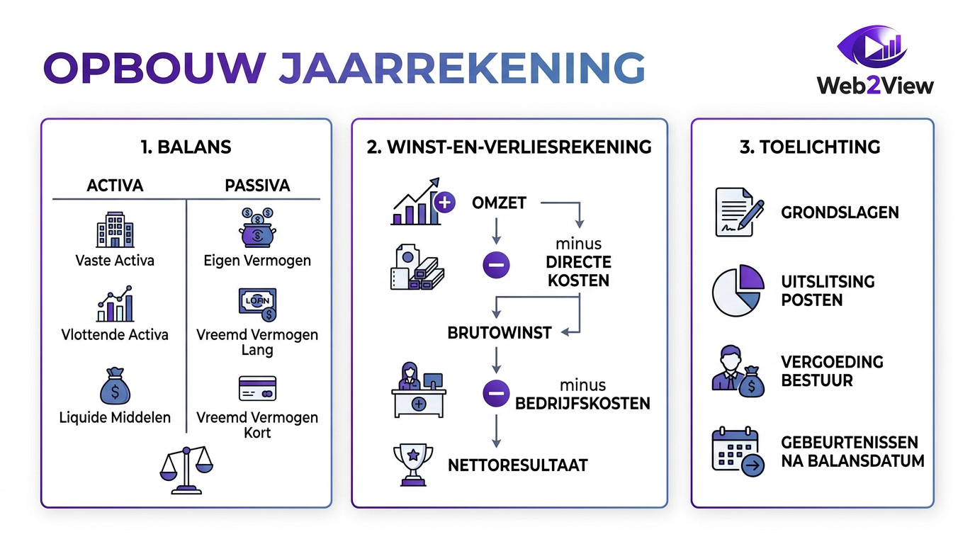 schema met de onderdelen van een jaarrekening balans winst-en-verliesrekening en toelichting