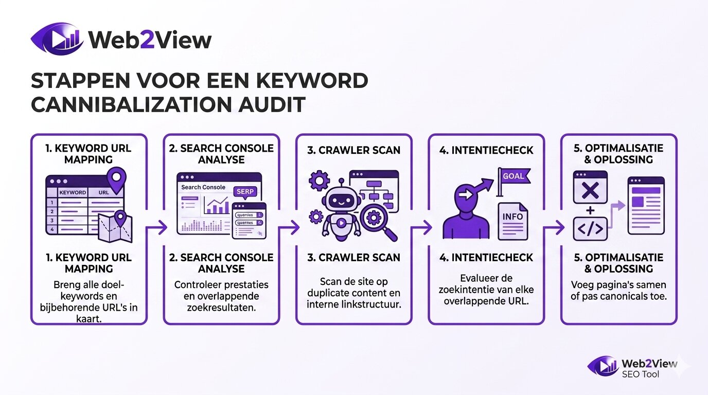 stappenplan voor keyword cannibalization audit met mapping search console crawler en intentiecheck