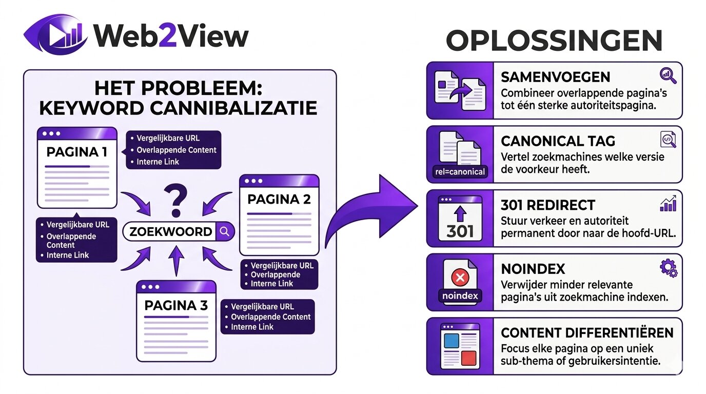 overzicht van keyword cannibalization met meerdere concurrerende pagina's en oplossingen zoals canonical 301 redirect en samenvoegen