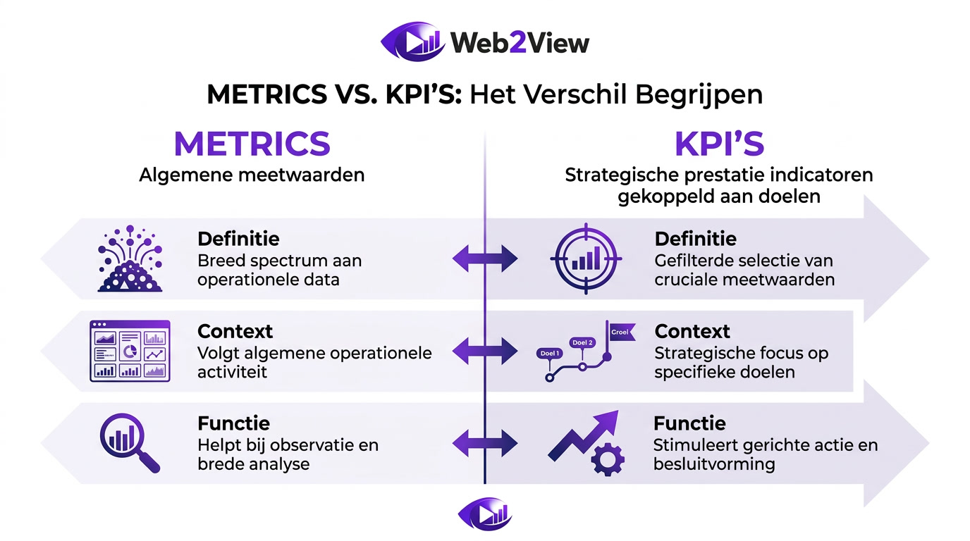 infographic van het verschil tussen kpis en metrics met strategische doelen en meetwaarden