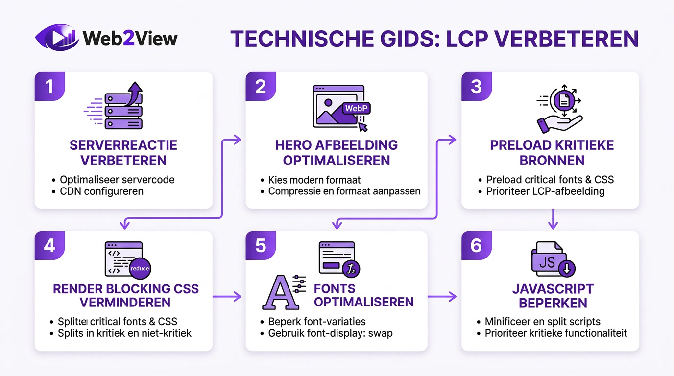 stappenplan voor het verbeteren van lcp met server optimalisatie afbeeldingen preload css fonts en javascript