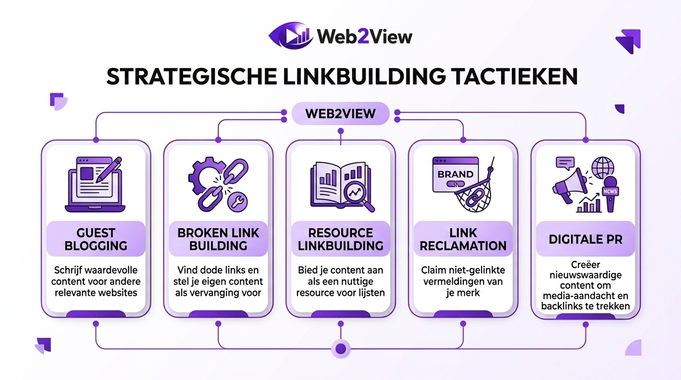 overzicht van linkbuilding tactieken zoals guest blogging broken link building en digitale pr