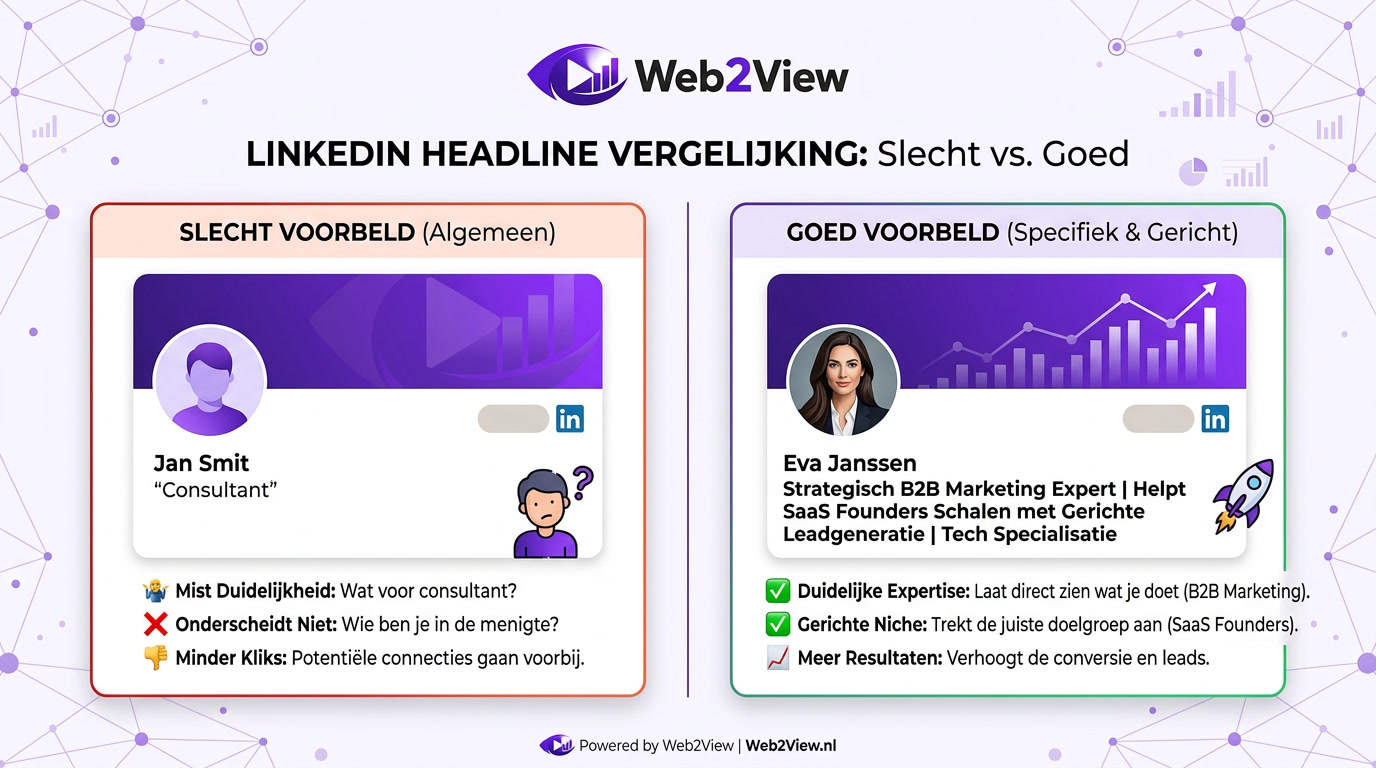 vergelijking van een zwakke en sterke LinkedIn headline met meer duidelijkheid en specialisatie