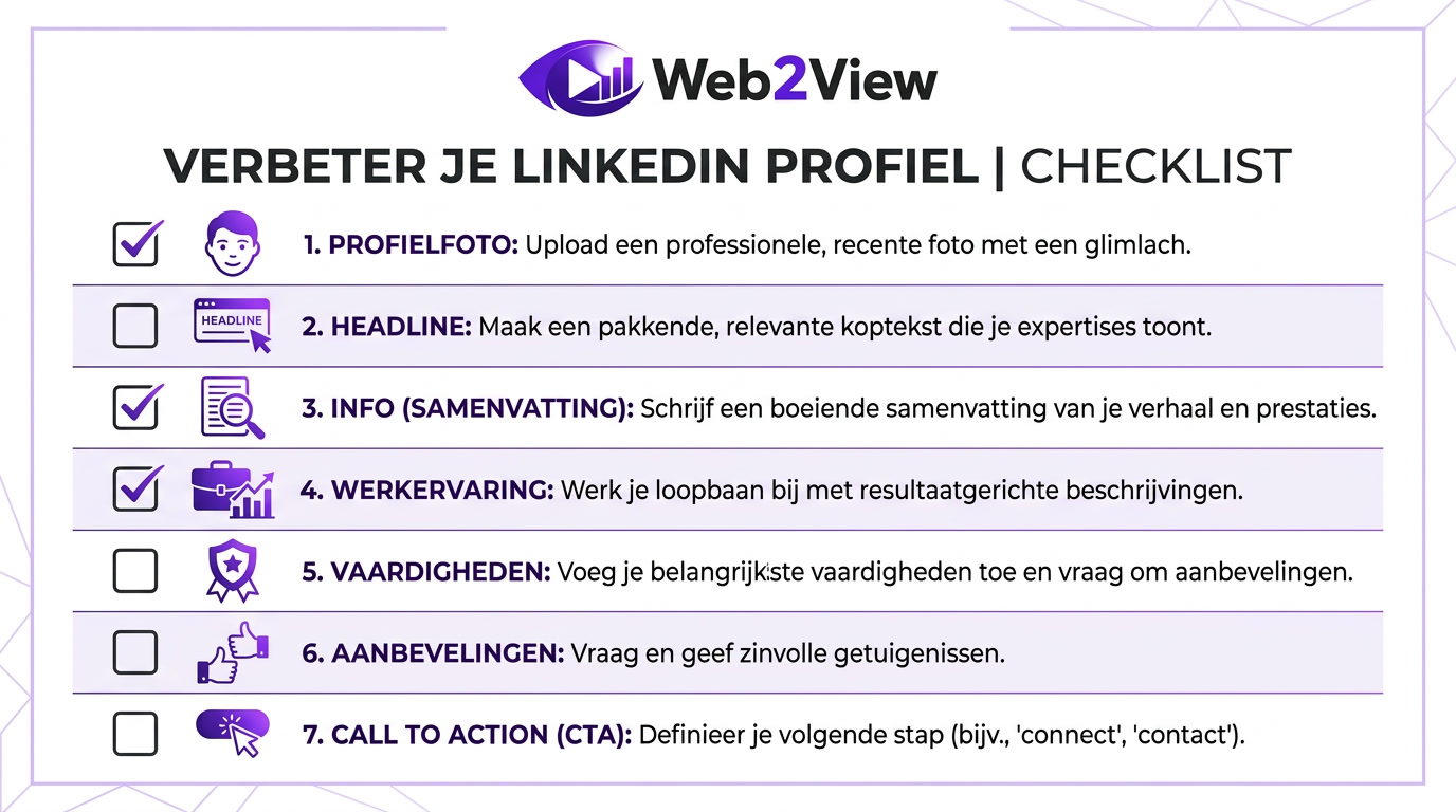 checklist voor LinkedIn profiel verbeteren met de belangrijkste onderdelen en optimalisaties