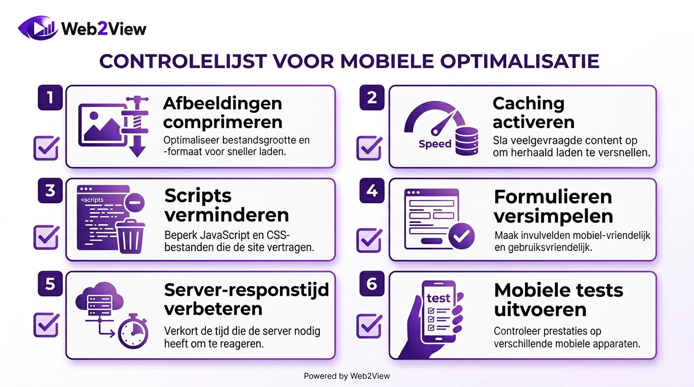 checklist met acties voor mobiele optimalisatie zoals snelheid gebruiksgemak en technische verbeteringen