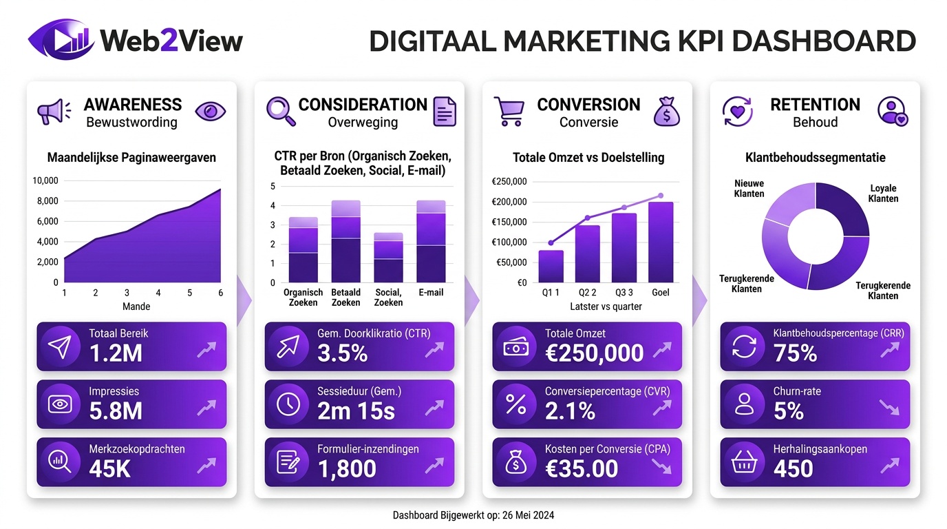 kpi dashboard voor online marketing strategie met awareness consideration conversion en retention