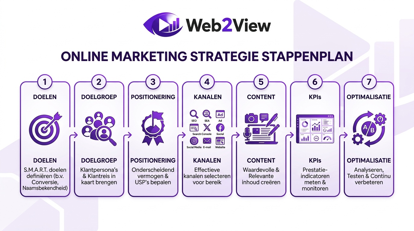 stappenplan voor online marketing strategie met doelen doelgroep kanalen content en kpis