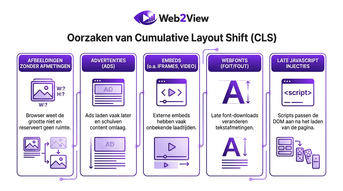 overzicht van veelvoorkomende oorzaken van cumulative layout shift op een webpagina