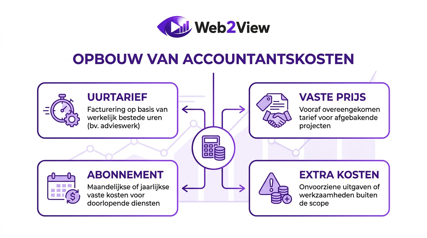diagram van opbouw van accountantskosten met uurtarief vaste prijs en extra kosten
