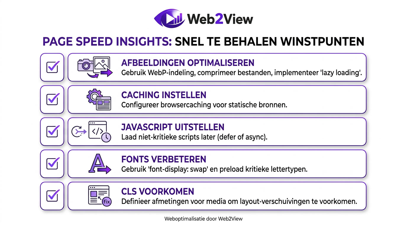 checklist met quick wins voor PageSpeed Insights zoals caching afbeeldingen en javascript optimalisatie