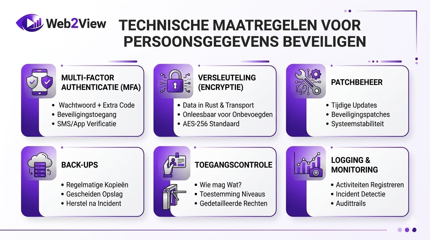 overzicht van maatregelen om persoonsgegevens te beveiligen zoals MFA versleuteling back ups en toegangscontrole