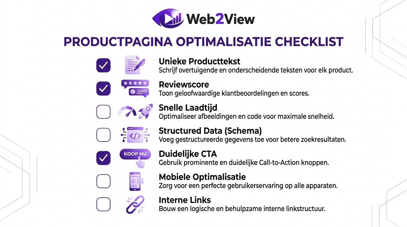 checklist met quick wins voor productpagina optimalisatie zoals snelheid reviews structured data en call to action