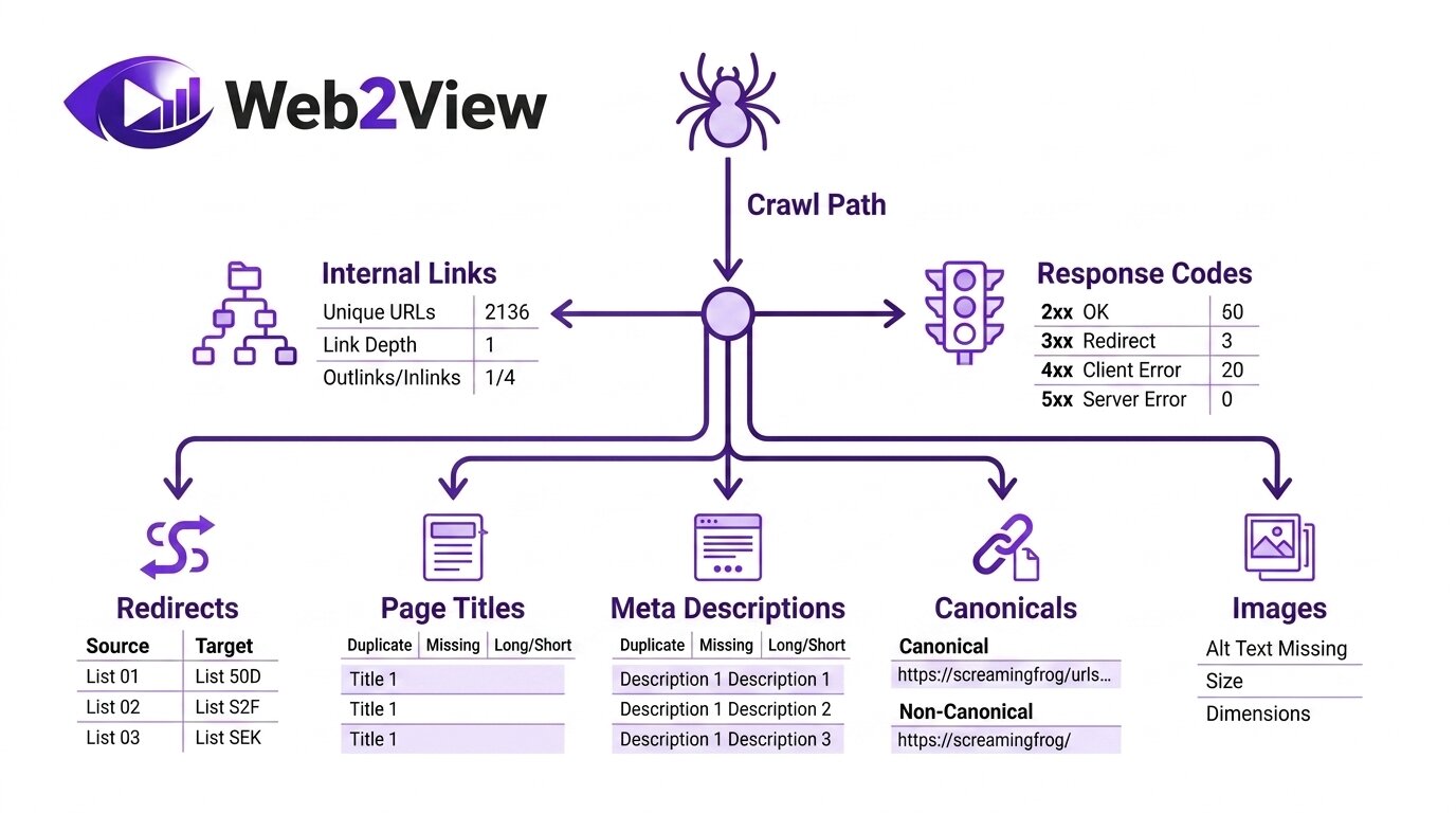 overzicht van belangrijkste Screaming Frog rapporten zoals internal response codes redirects en canonicals