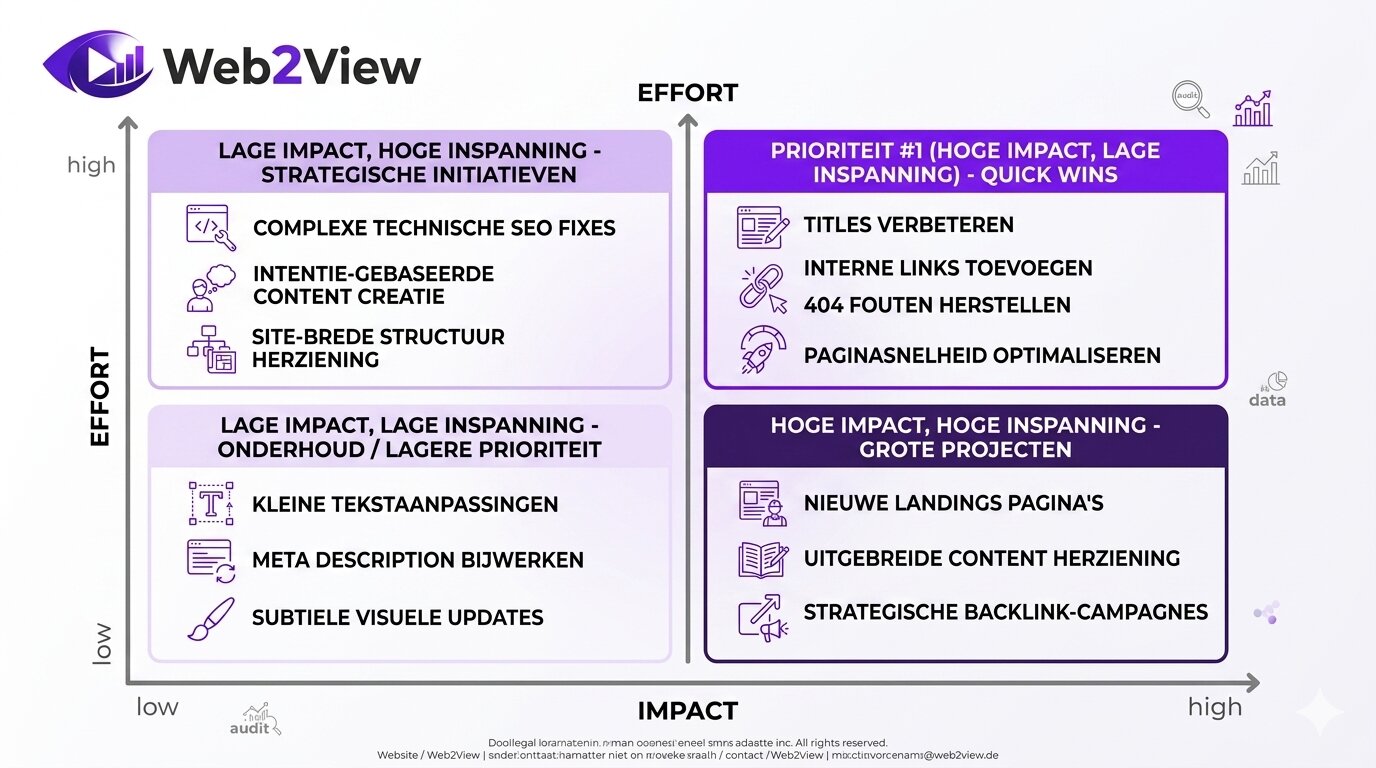 prioriteitenmatrix voor een seo audit met quick wins op basis van impact en moeite