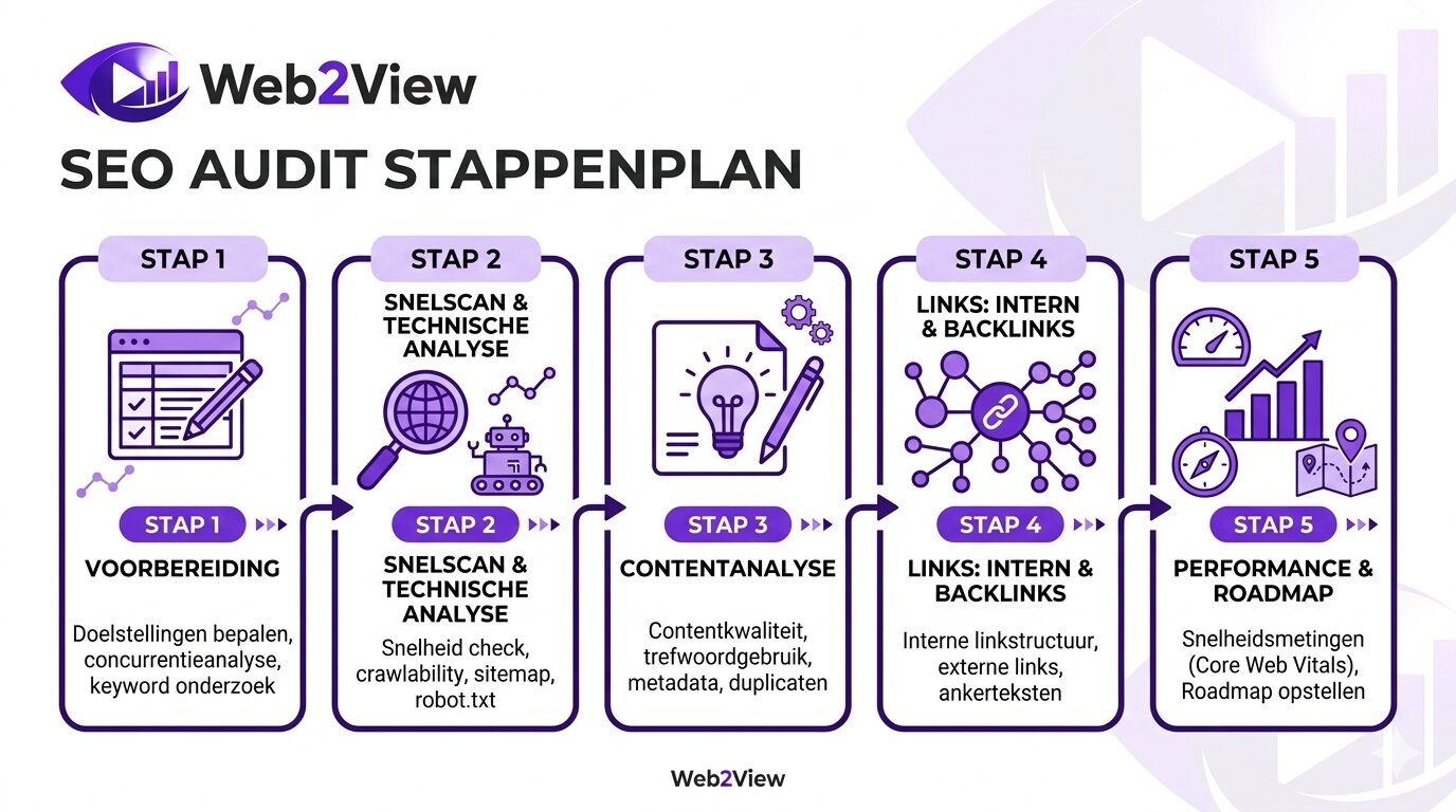 stappenplan voor een seo audit met voorbereiding techniek content links performance en roadmap