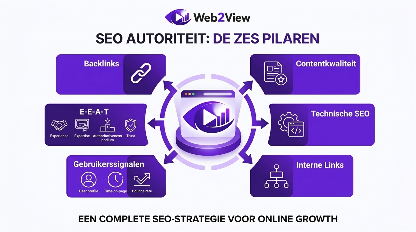 overzicht van de factoren die seo autoriteit bepalen zoals backlinks content techniek interne links en e e a t