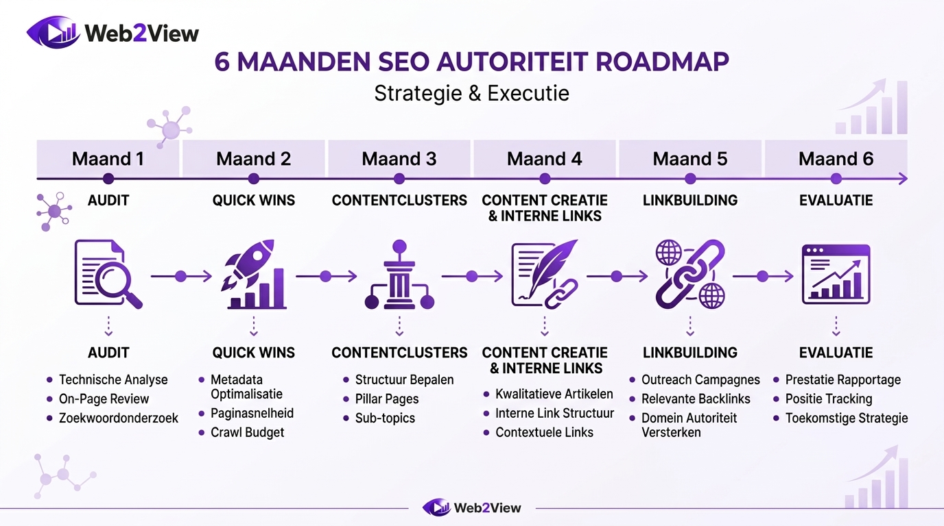 6 maanden roadmap voor seo autoriteit met audit content linkbuilding en evaluatie