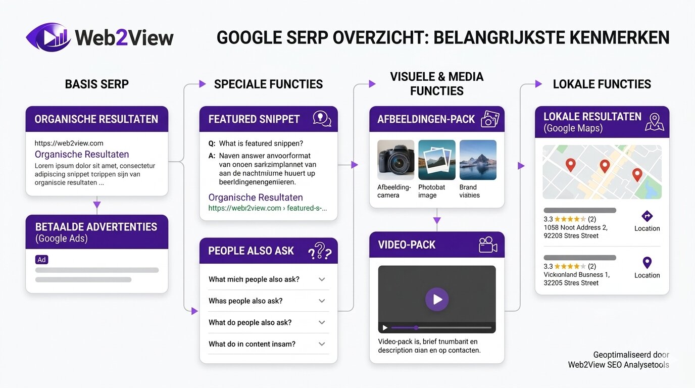 overzicht van belangrijke serp features zoals featured snippet people also ask afbeeldingen video en lokale resultaten
