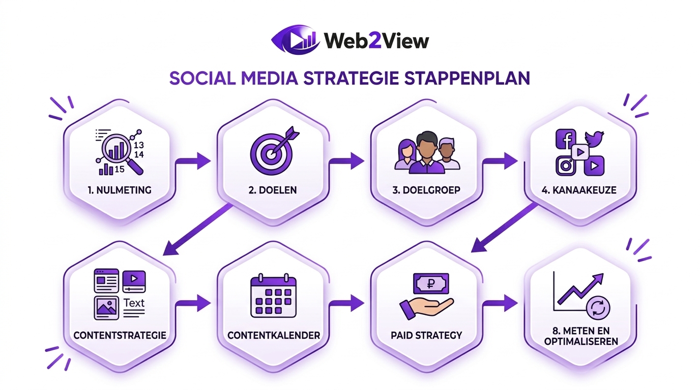 overzicht van een social media strategie stappenplan met doelen doelgroep kanaalkeuze content en kpis