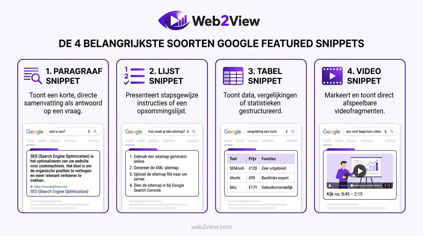 overzicht van soorten featured snippets in Google zoals paragraaf lijst tabel en video
