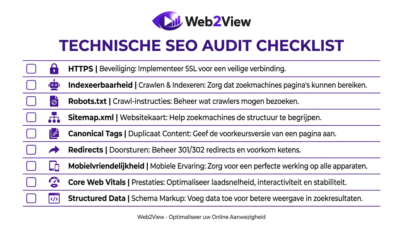 checklist voor technische seo audit met indexatie snelheid canonical tags en structured data