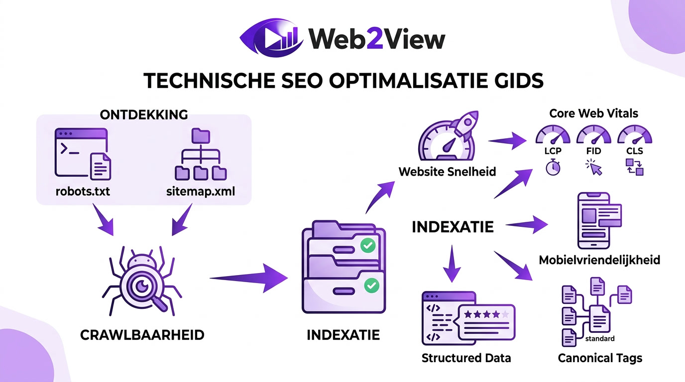 overzicht van technische seo onderdelen zoals crawlbaarheid indexatie snelheid structured data en canonical tags