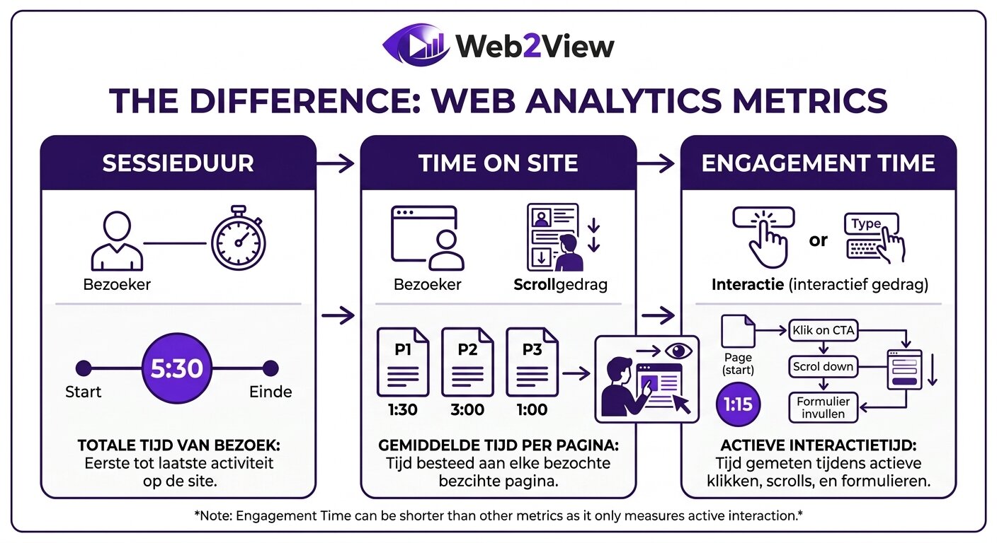 infographic van het verschil tussen time on site sessieduur en engagement time in analytics