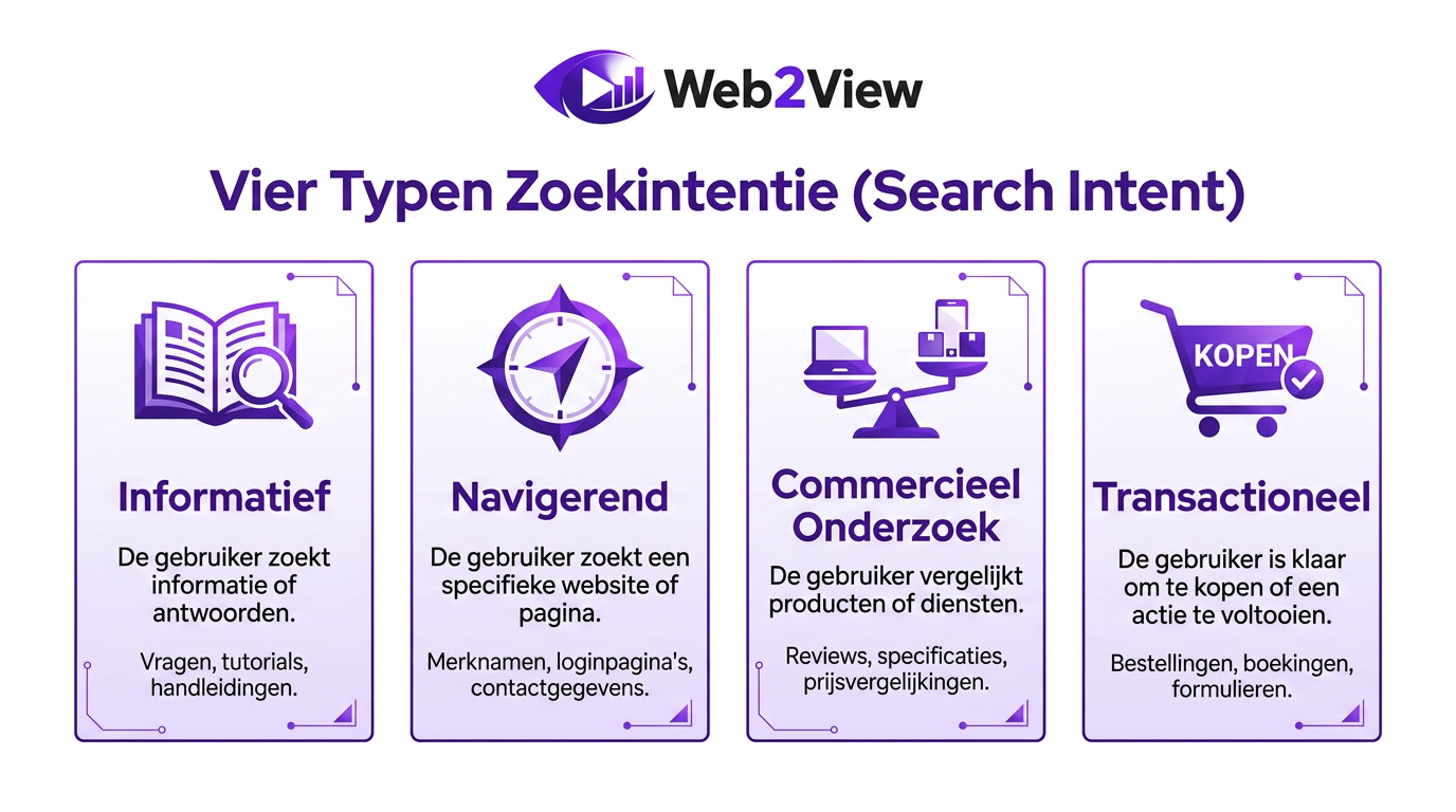 overzicht van de vier typen zoekintentie: informatief navigerend commercieel en transactioneel