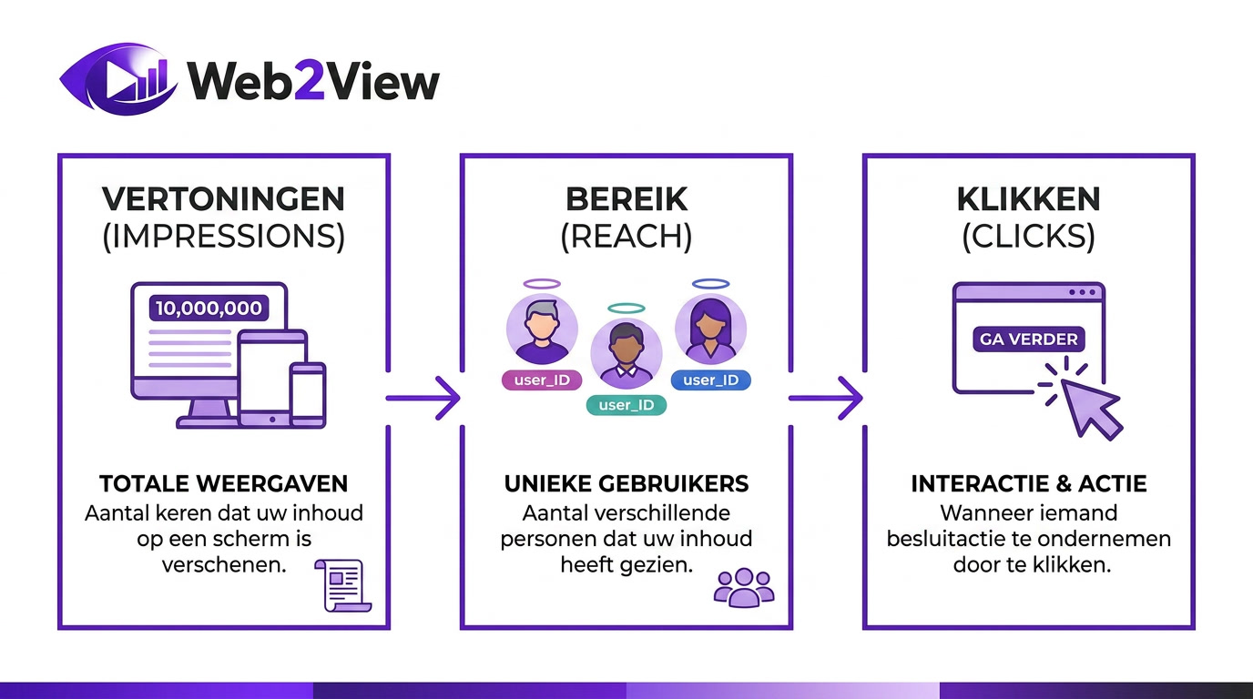 infographic van het verschil tussen vertoningen bereik en klikken in online marketing