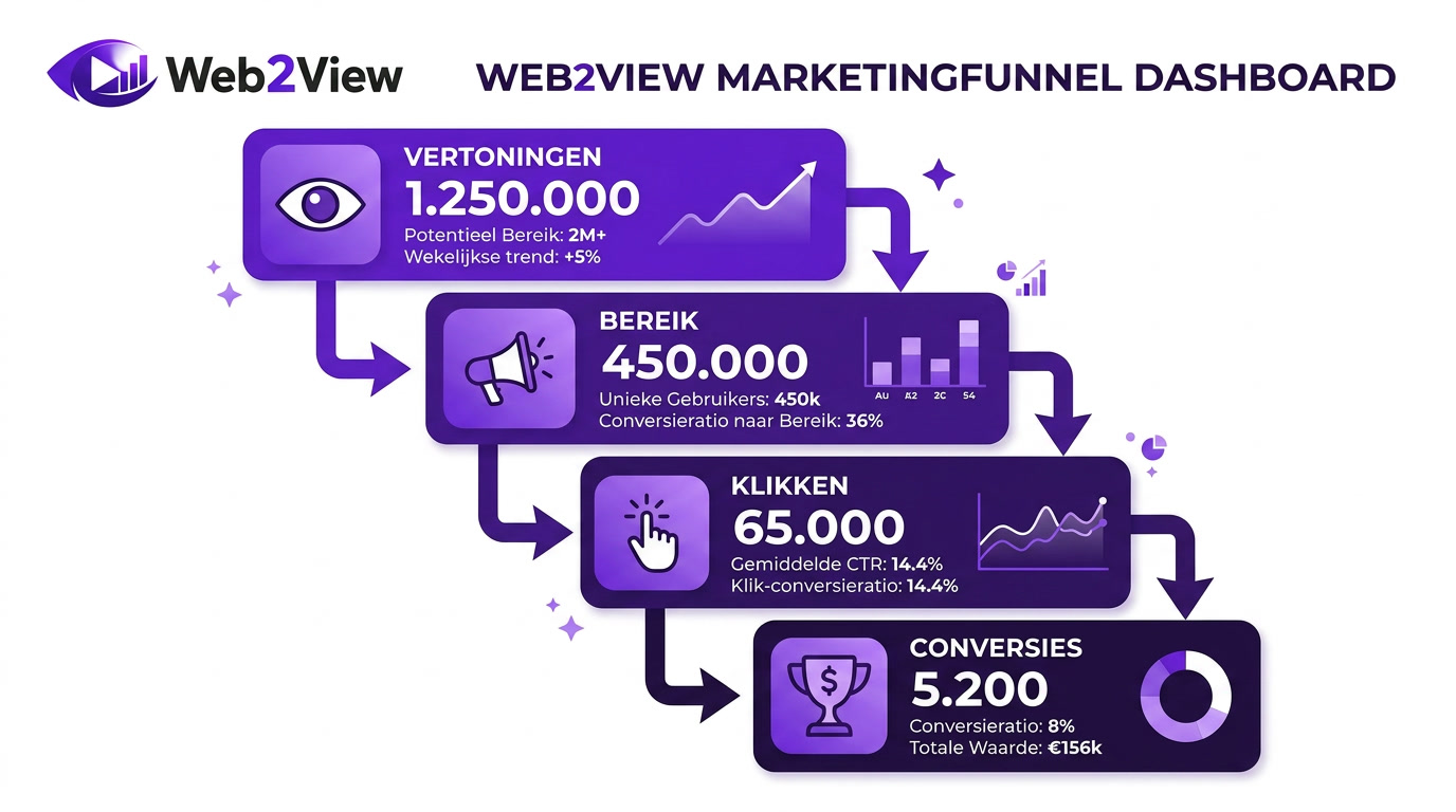marketing funnel met vertoningen bereik klikken en conversies in een dashboardoverzicht