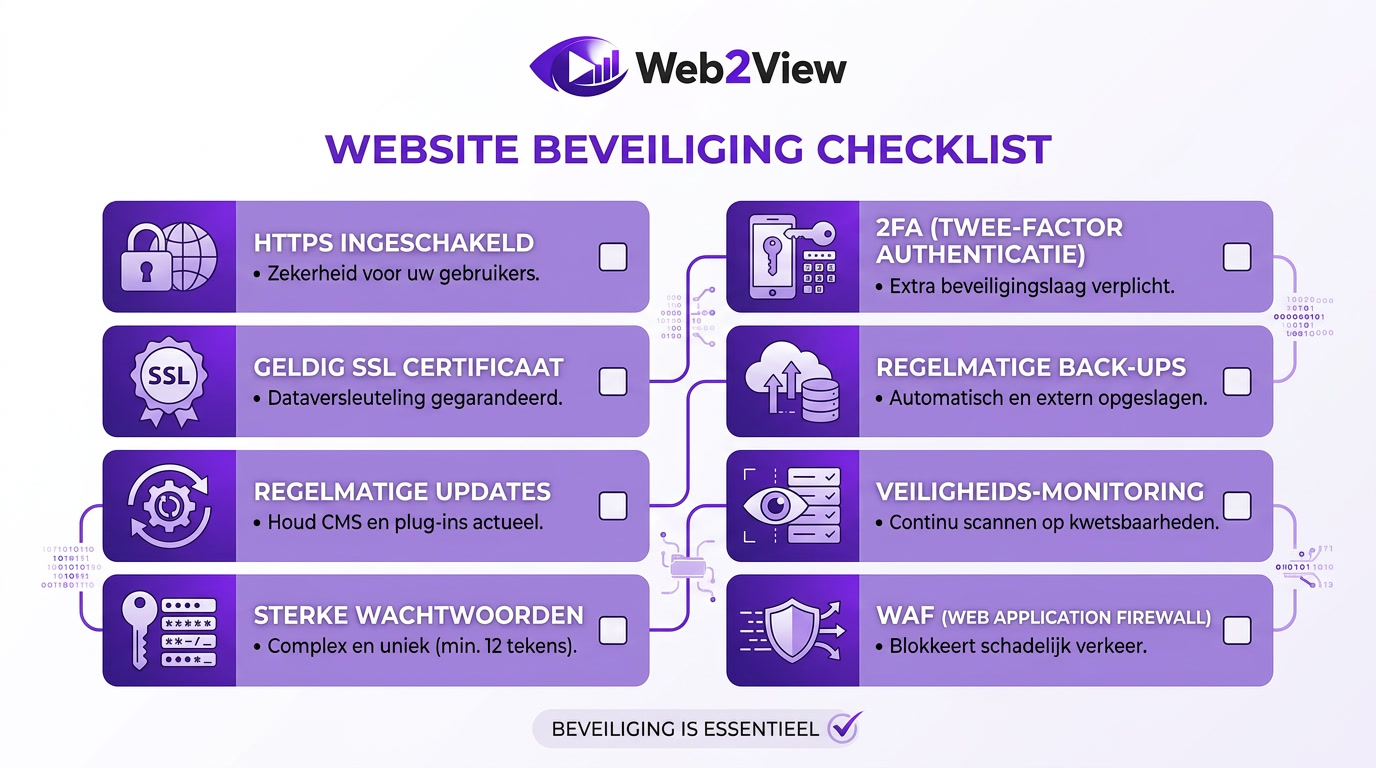 overzicht van website beveiliging checklist met https updates sterke wachtwoorden 2fa back ups monitoring en waf