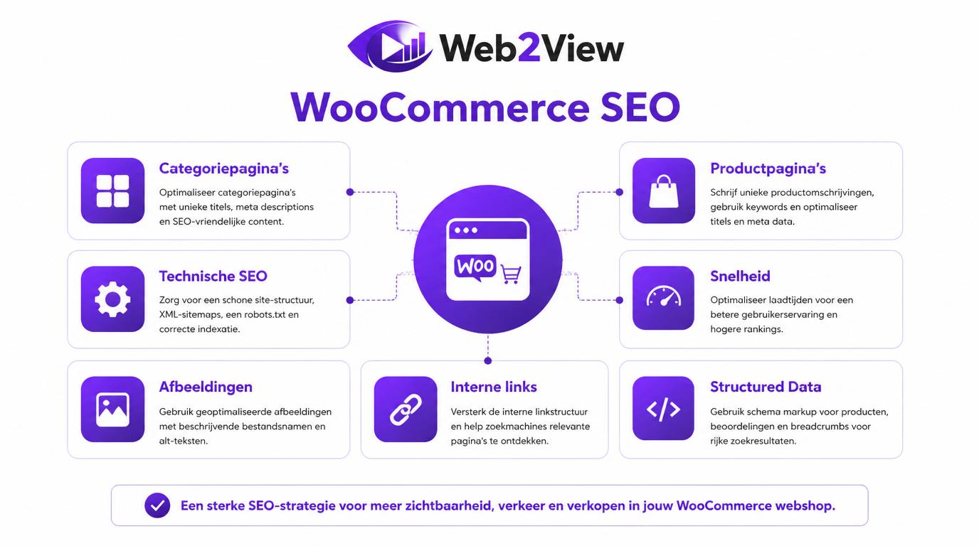 overzicht van WooCommerce SEO onderdelen zoals categoriepagina’s productpagina’s techniek snelheid en structured data