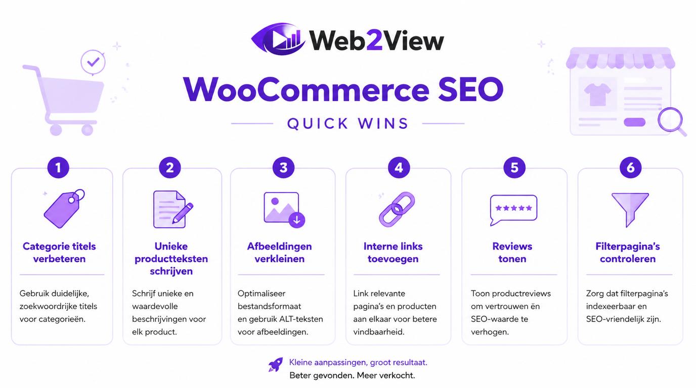 quick wins voor WooCommerce SEO zoals categorie titels productteksten afbeeldingen interne links en reviews