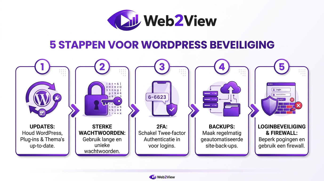 overzicht van wordpress beveiliging in vijf stappen met updates 2fa backups loginbeveiliging en firewall